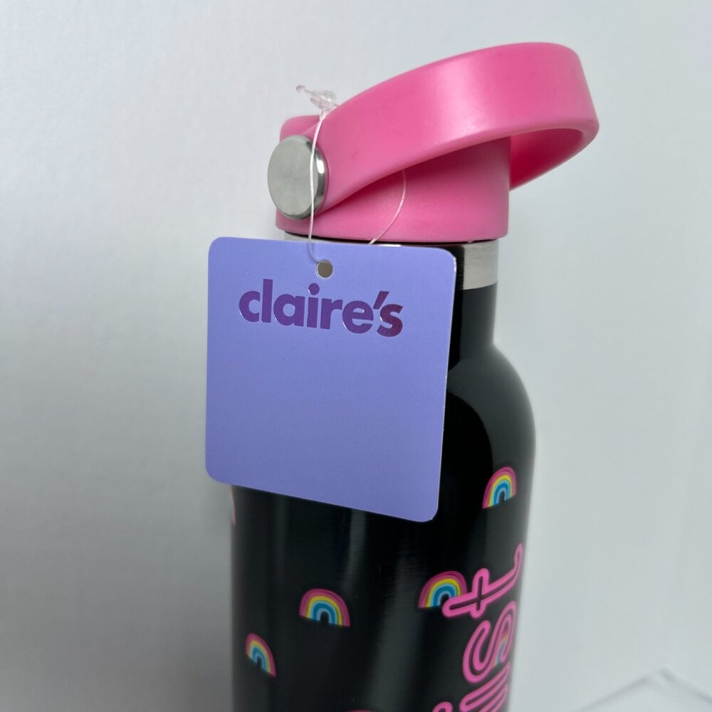 Claire’s Girls 20oz Stainless Steel Water Bottle Optimist Black Pink Rainbow NWT - Picture 2 of 10